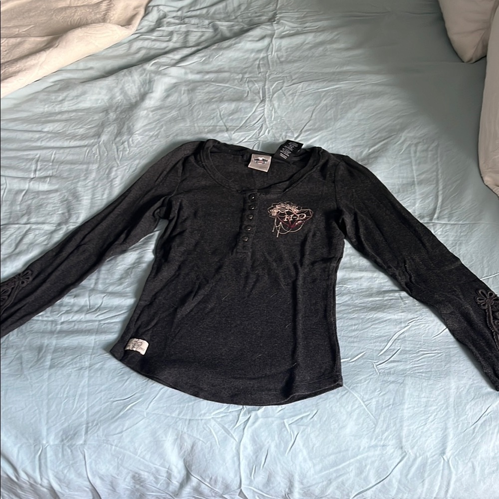 Black Long Sleeve Henley Top with Embroidery
